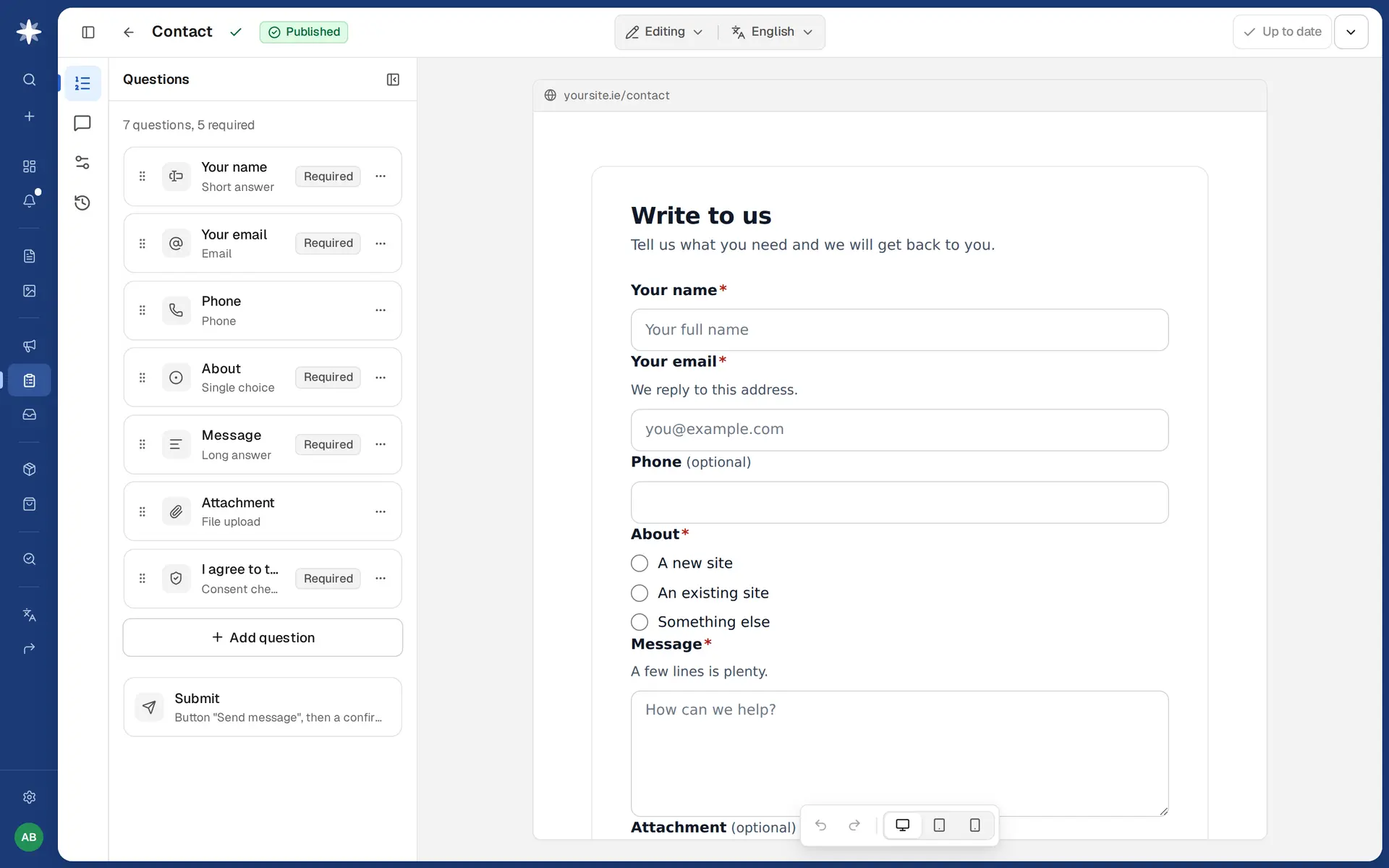 The form builder, with the form as customers will see it.